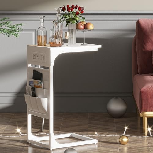 C Shaped End Table with Charging Station, Side Table for Sofa, Couch Table