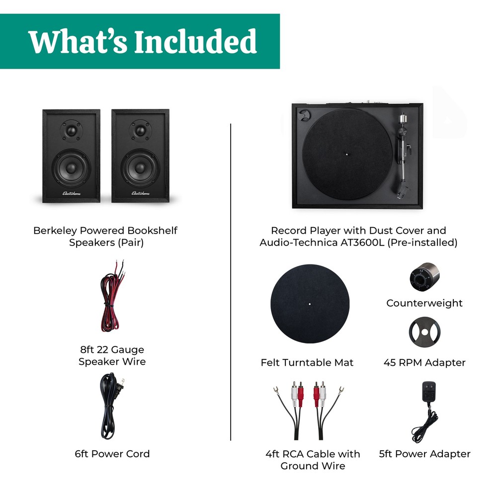 Electrohome Montrose Record Player w/ Berkeley Powered Bluetooth Speakers Black