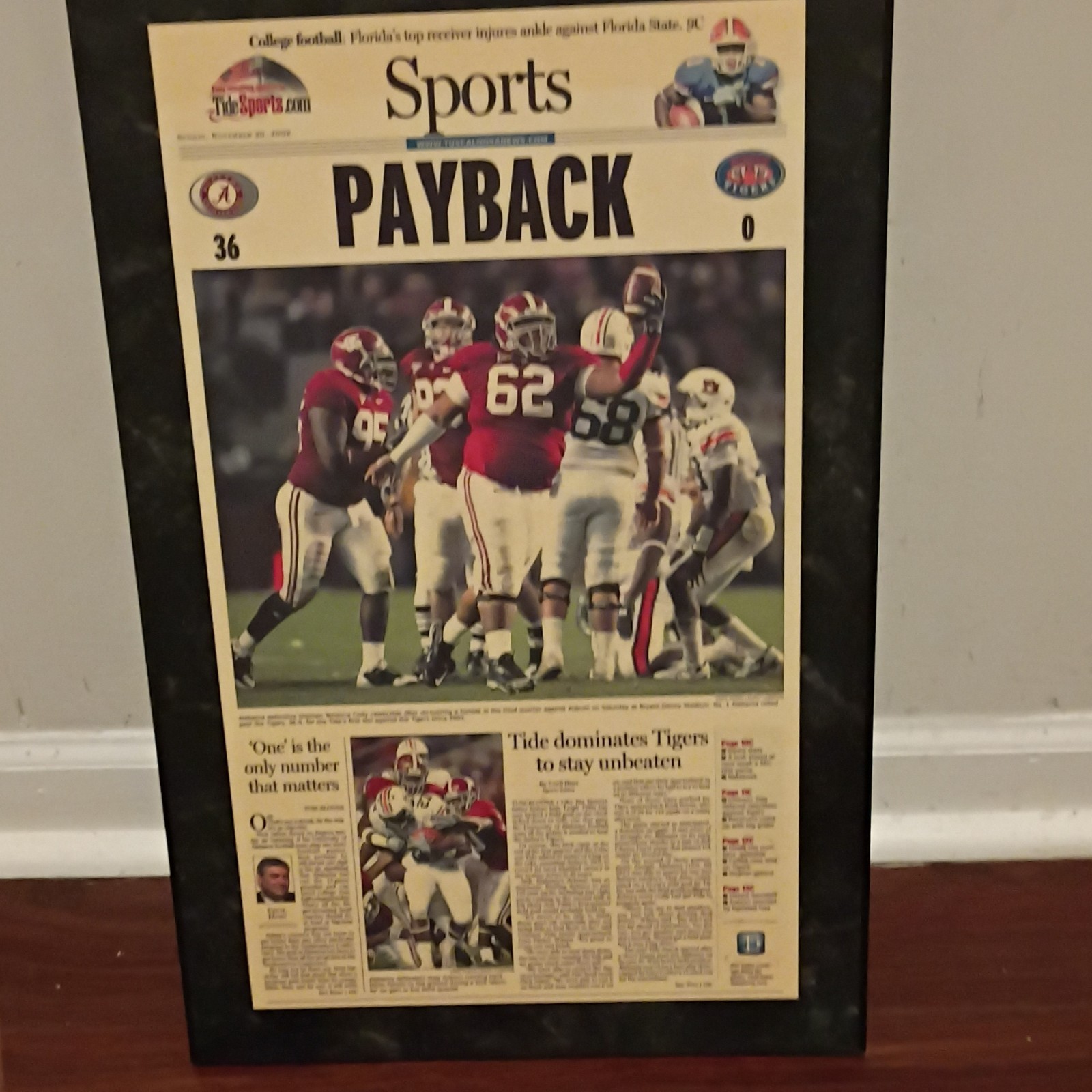 Framed Sports Newspaper Alabama vs Auburn 36-0 College Football Collectible