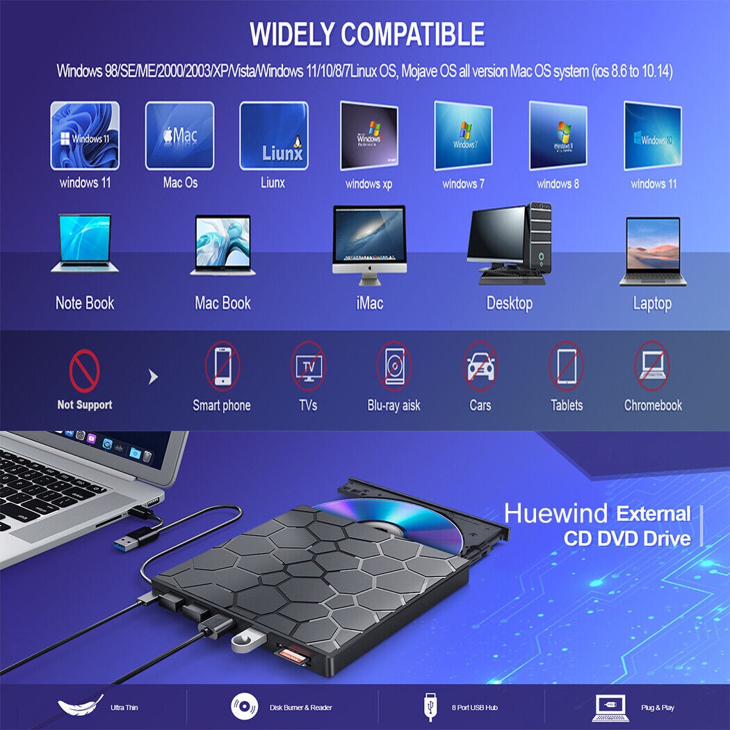 Slim External CD DVD RW Drive USB 3.0 Writer Burner Player Black For Laptop PC