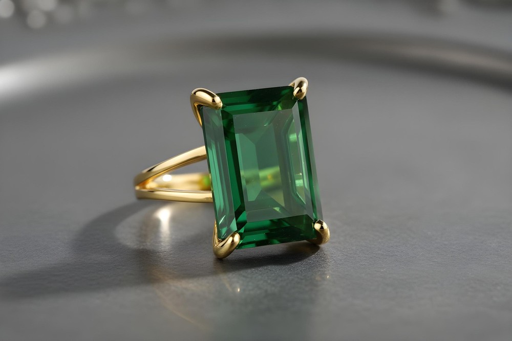 Emerald Gemstone Ring Anemone 14k Gold Rectangle Cut Double Band