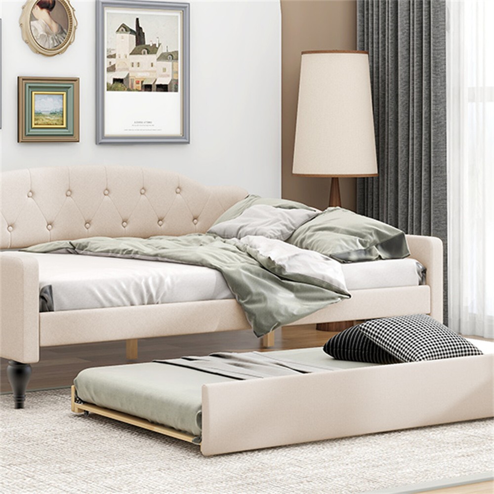 Full Size Daybed w/ Pull Out Trundle Bed Upholstered Bed Frame Sofa Bed Beige