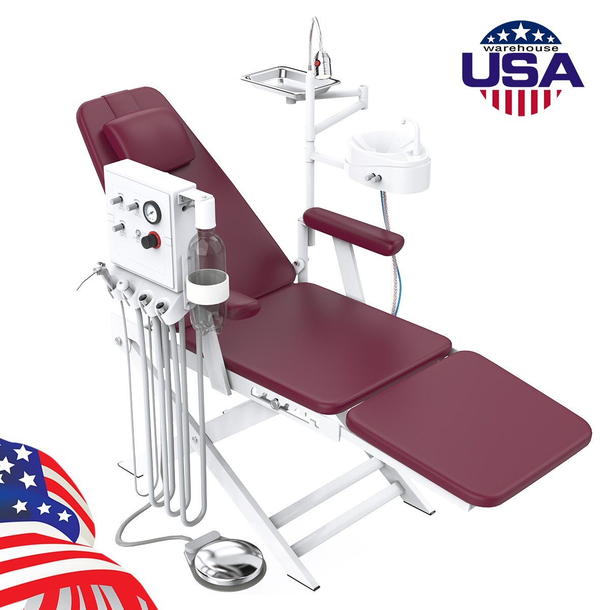 Portable Dental Folding Chair+LED Light+Air Turbine Unit+Weak Suction Burgundy