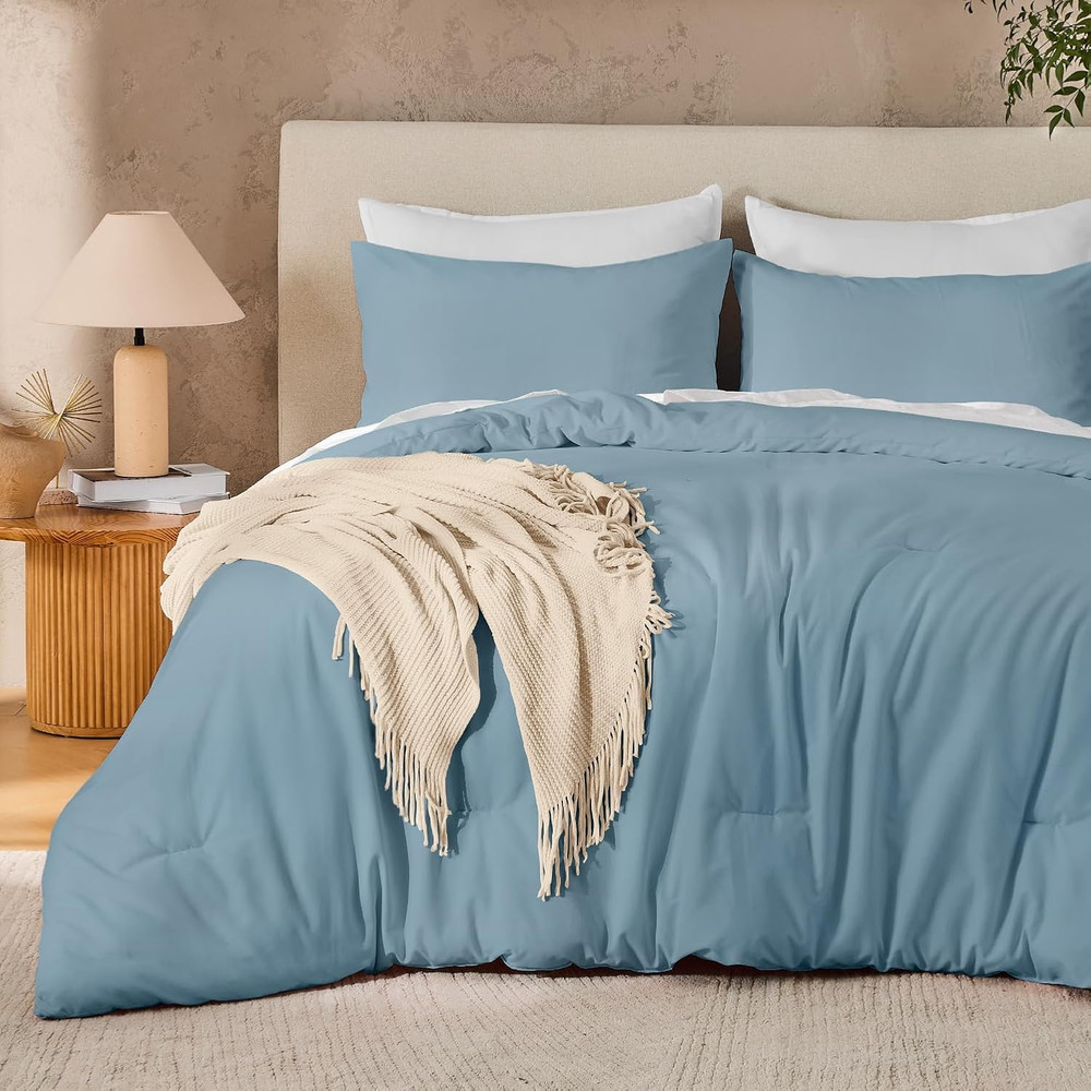 Queen Size Comforter Set Grayish Blue, Solid Bed Comforter Set 3 Pieces, Soft Co