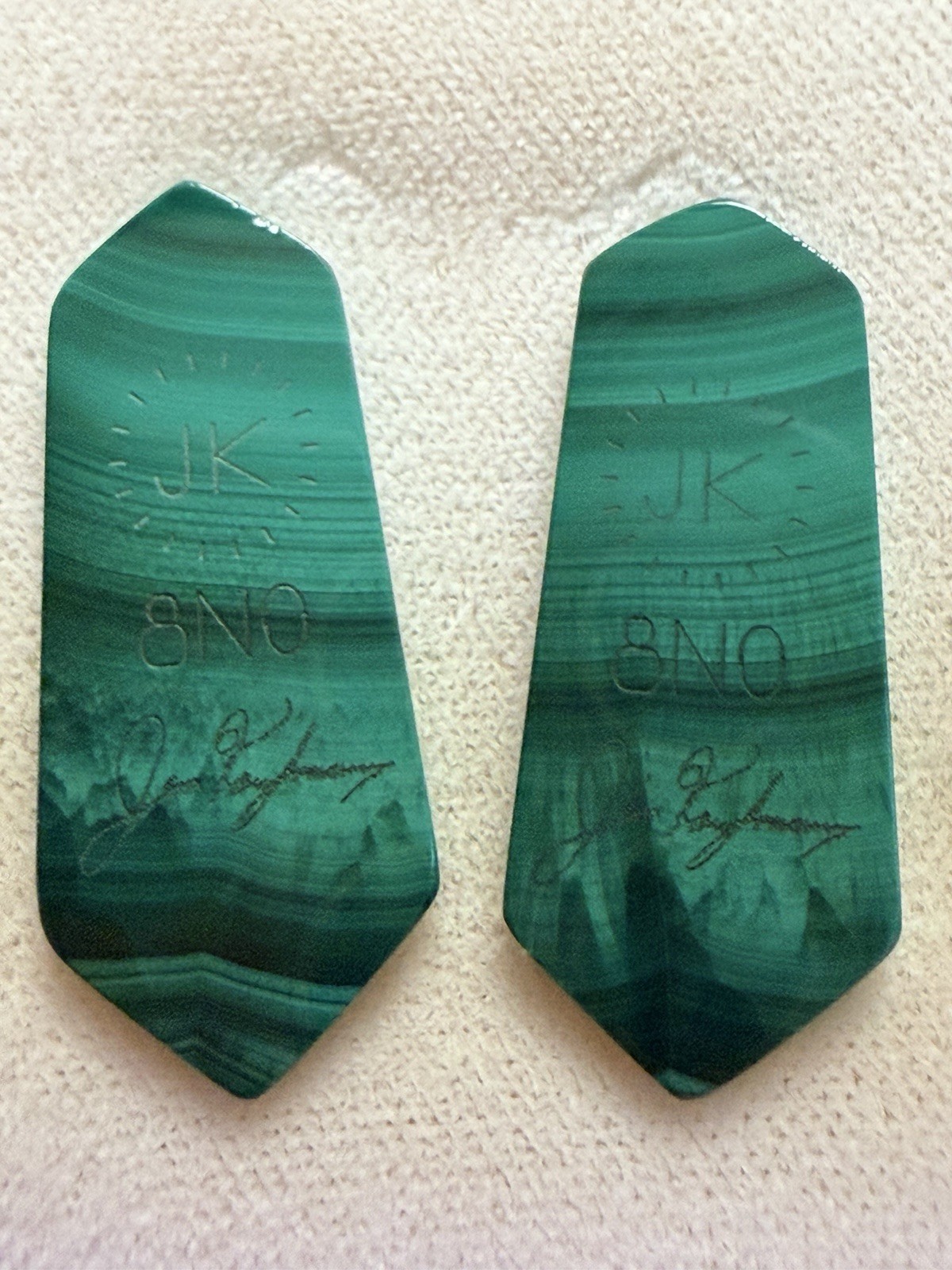 Jim Kaufmann Malachite Opal Sugilite Intarsia Pair 23.9ct Signed JK 8NO Beautifu