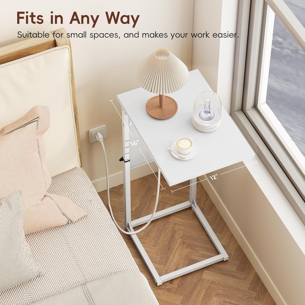 End Table W/ Charging Station Adjustable Height Side Table Couch Small C Shaped