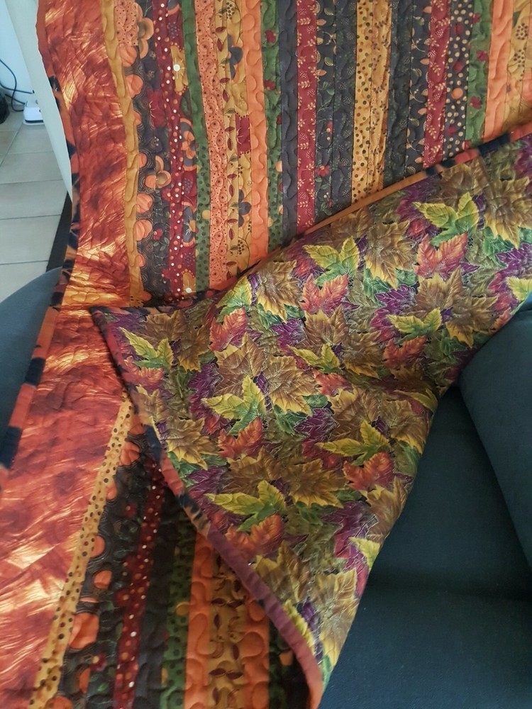 Striped Autumn Leaf Quilt, Couch, Lap, Table Topper, Patchwork Quilt