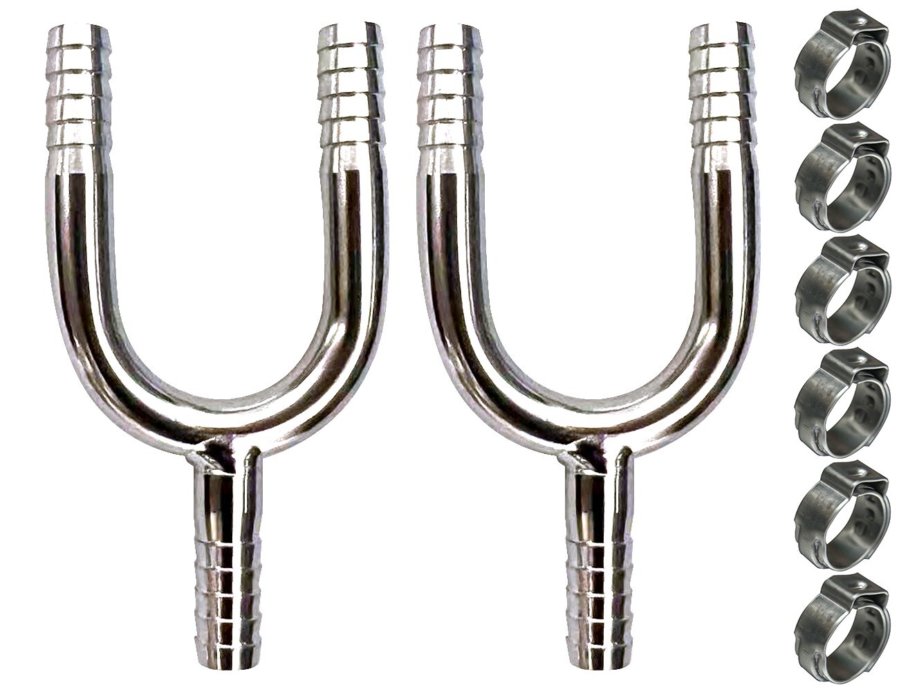 Stainless Steel 1/4" 3 Way Y Shape Barbed Splitter Fitting x 2 & 13.3 Clamps x 6