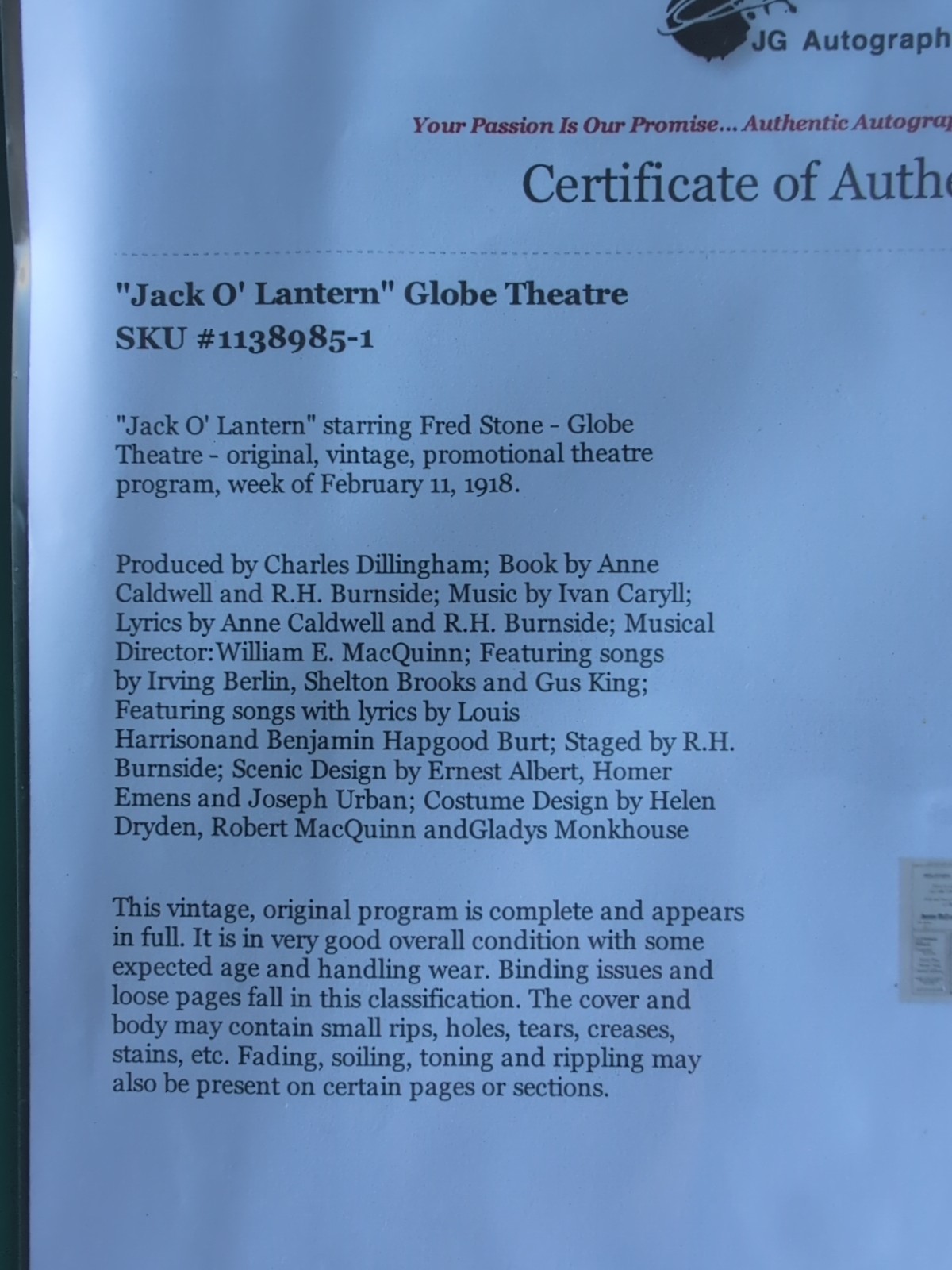 1918 Jack O'Lantern Playbill Program Fred Stone Globe Theatre Broadway New York