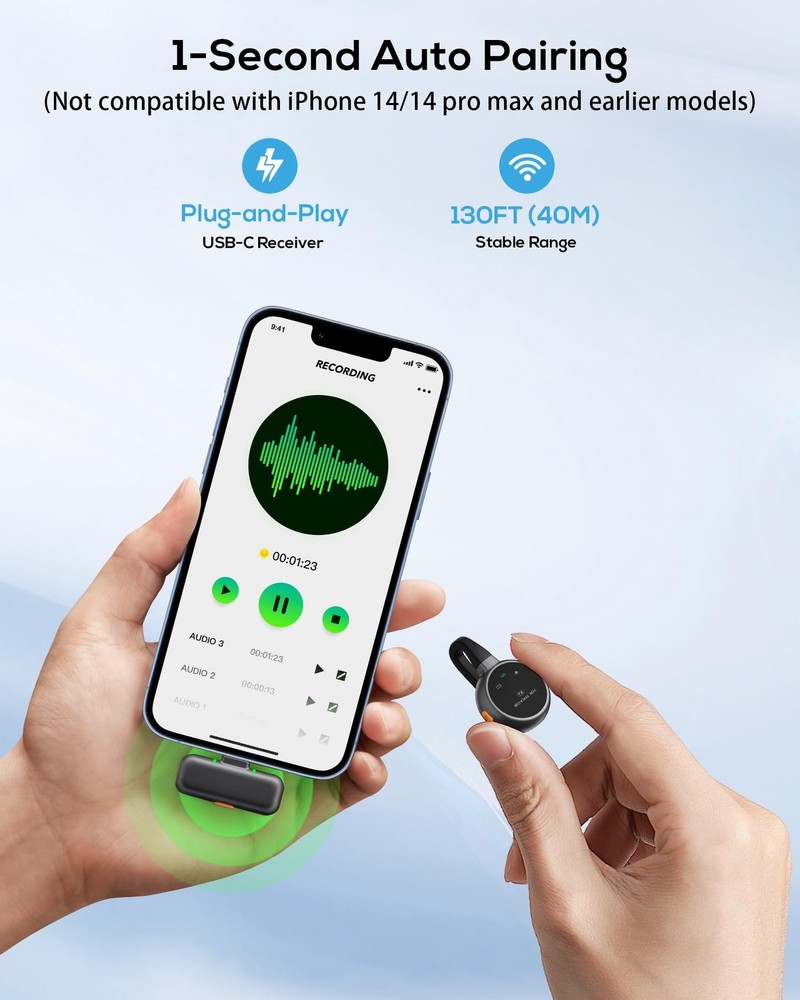 Wireless Lavalier Microphone for iPhone, iPad, Android - USB-C Small, Black