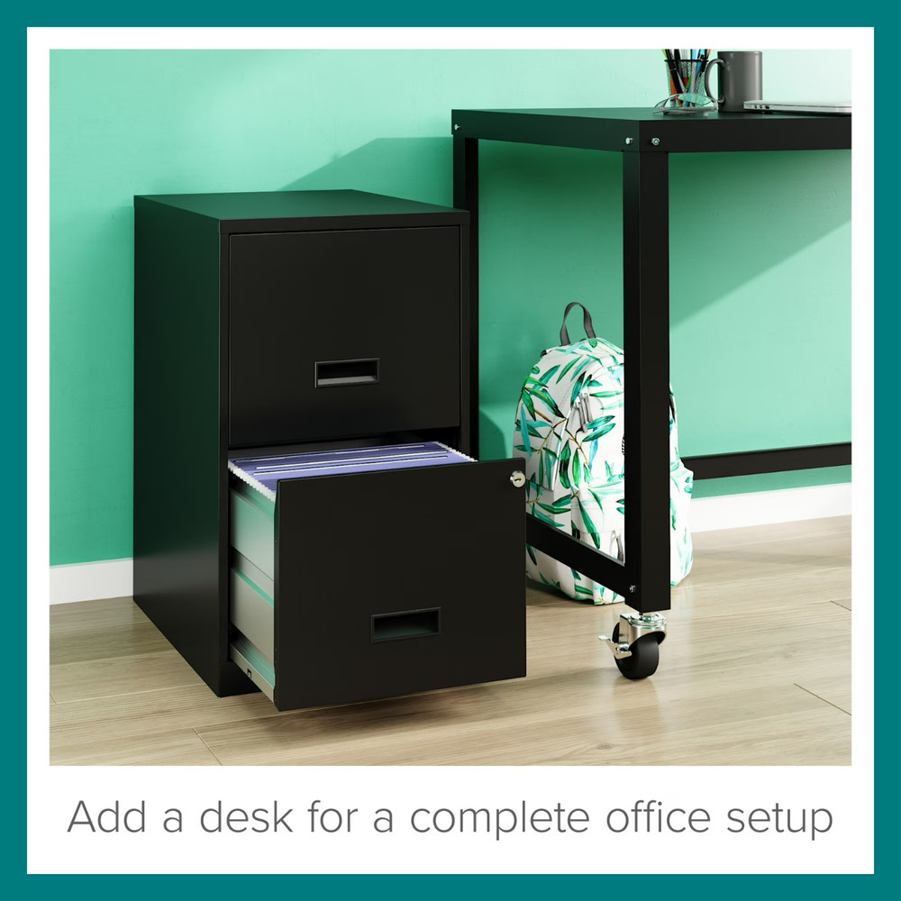 18" Deep 2 Drawer Letter Width Vertical File Cabinet, Secure Locking, Black