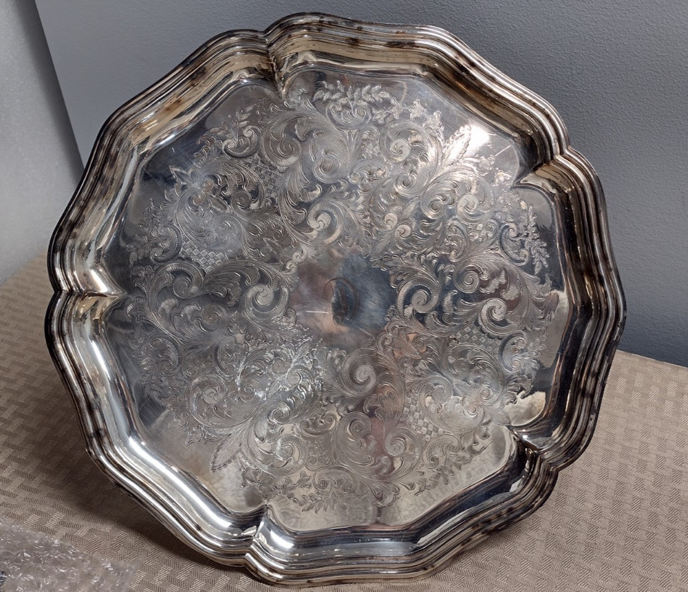 Vintage Crafton Frank Hawker Ltd, Silver Plate Monogrammed Serving Tray 14 1/8"