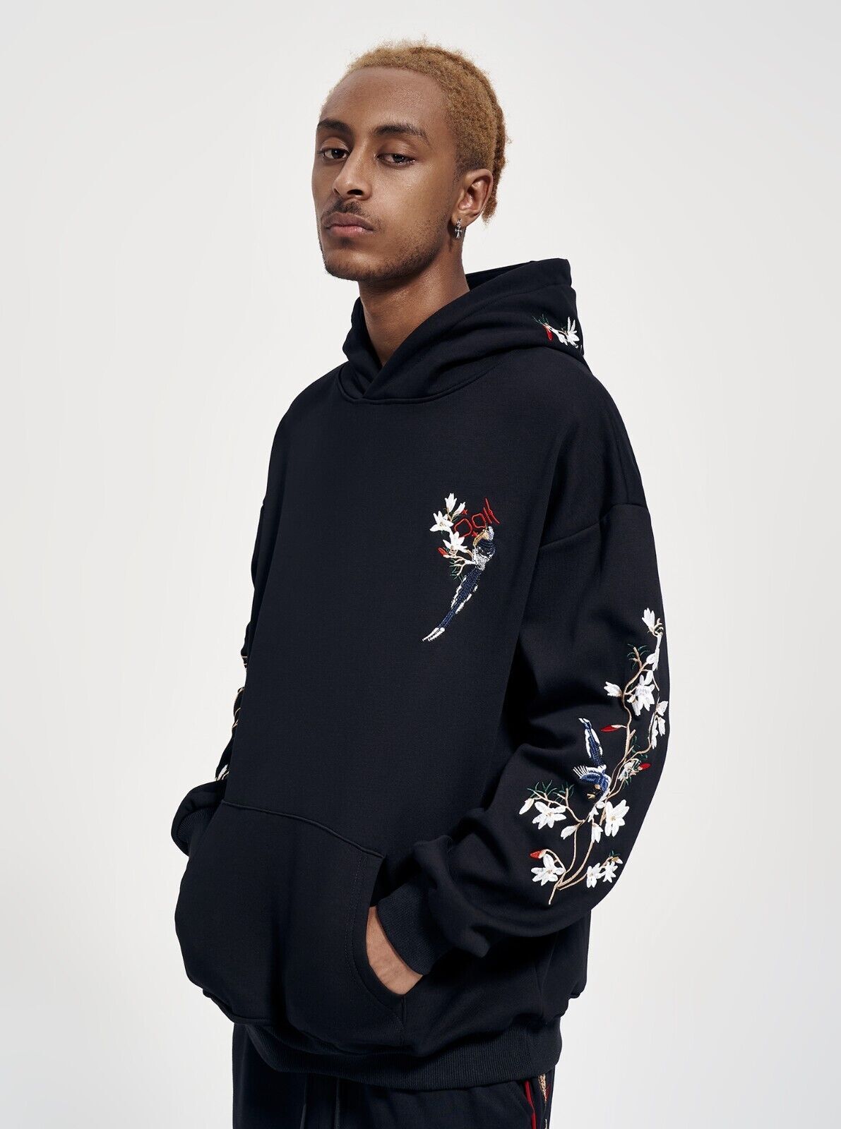 Niepce Birds and Flowers Embroidered Black Hoodie Japanese Streetwear Sweatshirt