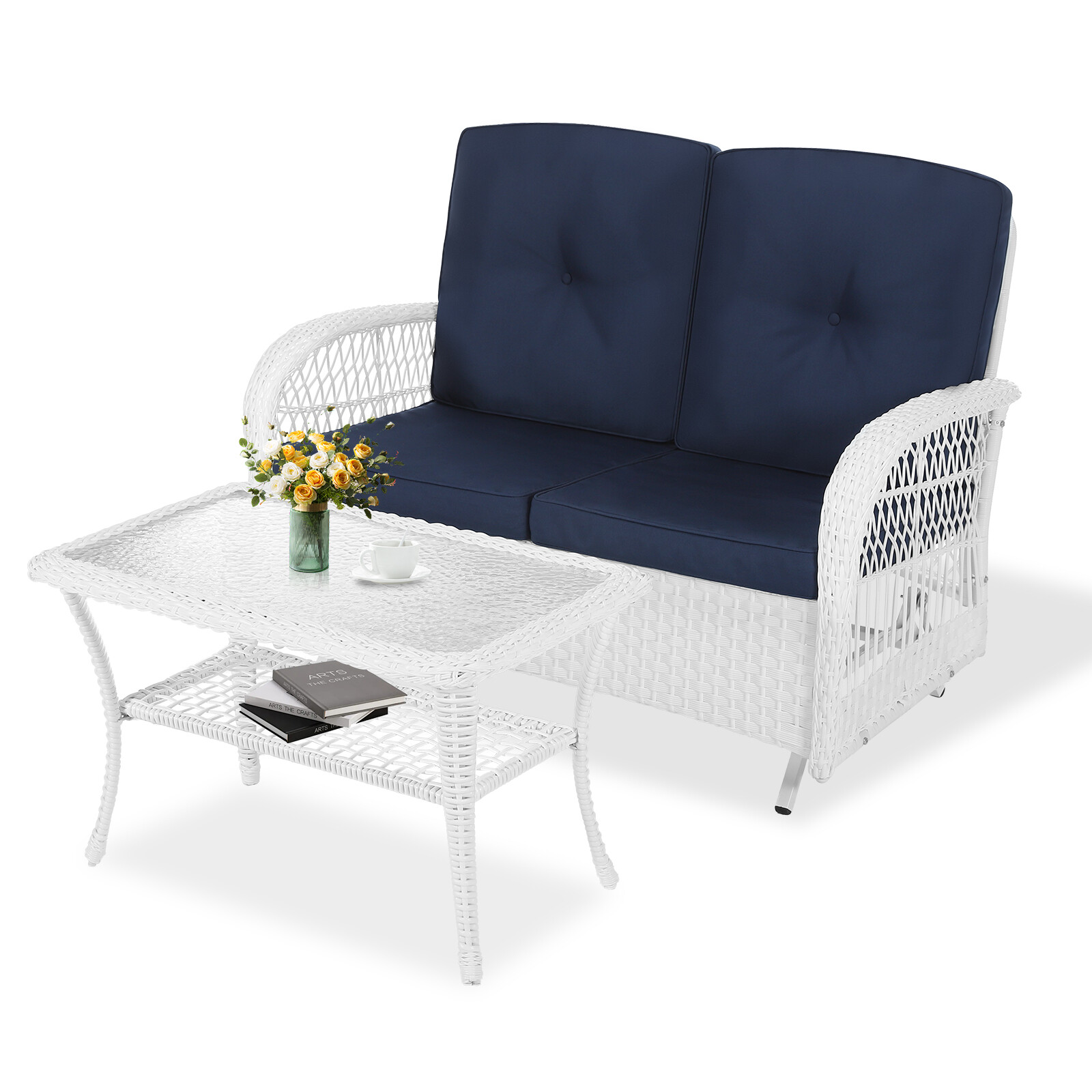Outdoor Wicker Patio Glider Set, Glider Rocking Bench Loveseat With Coffee Table