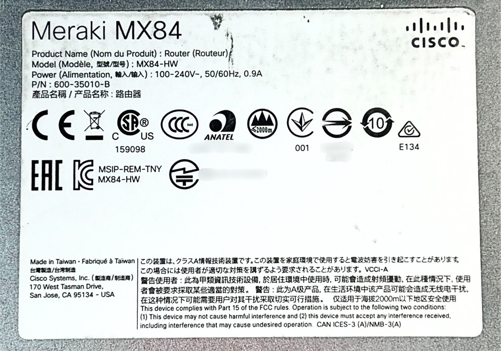 Cisco MERAKI MX84-HW Cloud Managed Security Appliance