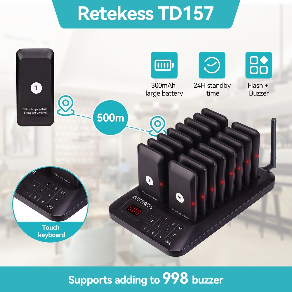 TD157 Restaurant Pager System Long Range 500m Wireless Calling for Cafe Eatery