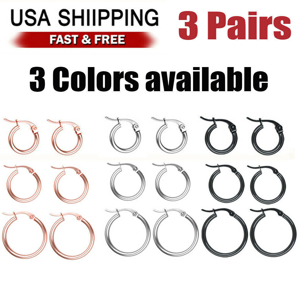 3 Pairs Silver Stainless Steel Small Huggie Hoop Earrings for Women Girl Set
