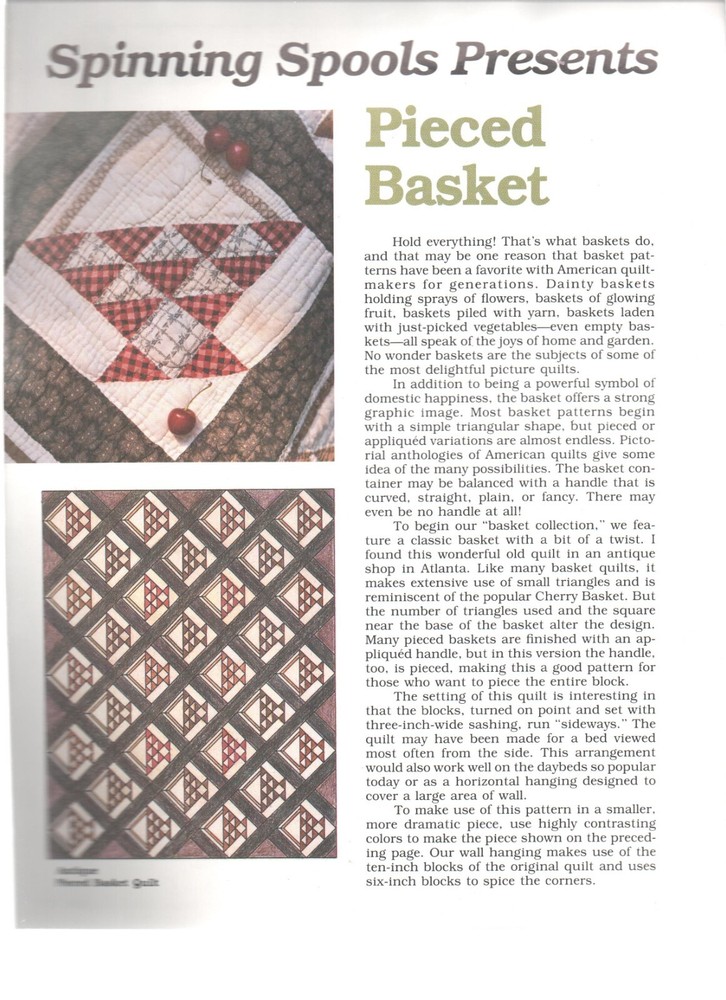 PIECED BASKET QUILT PATTERN w/Stencil from Spinning Spools Oxmoor House 1989