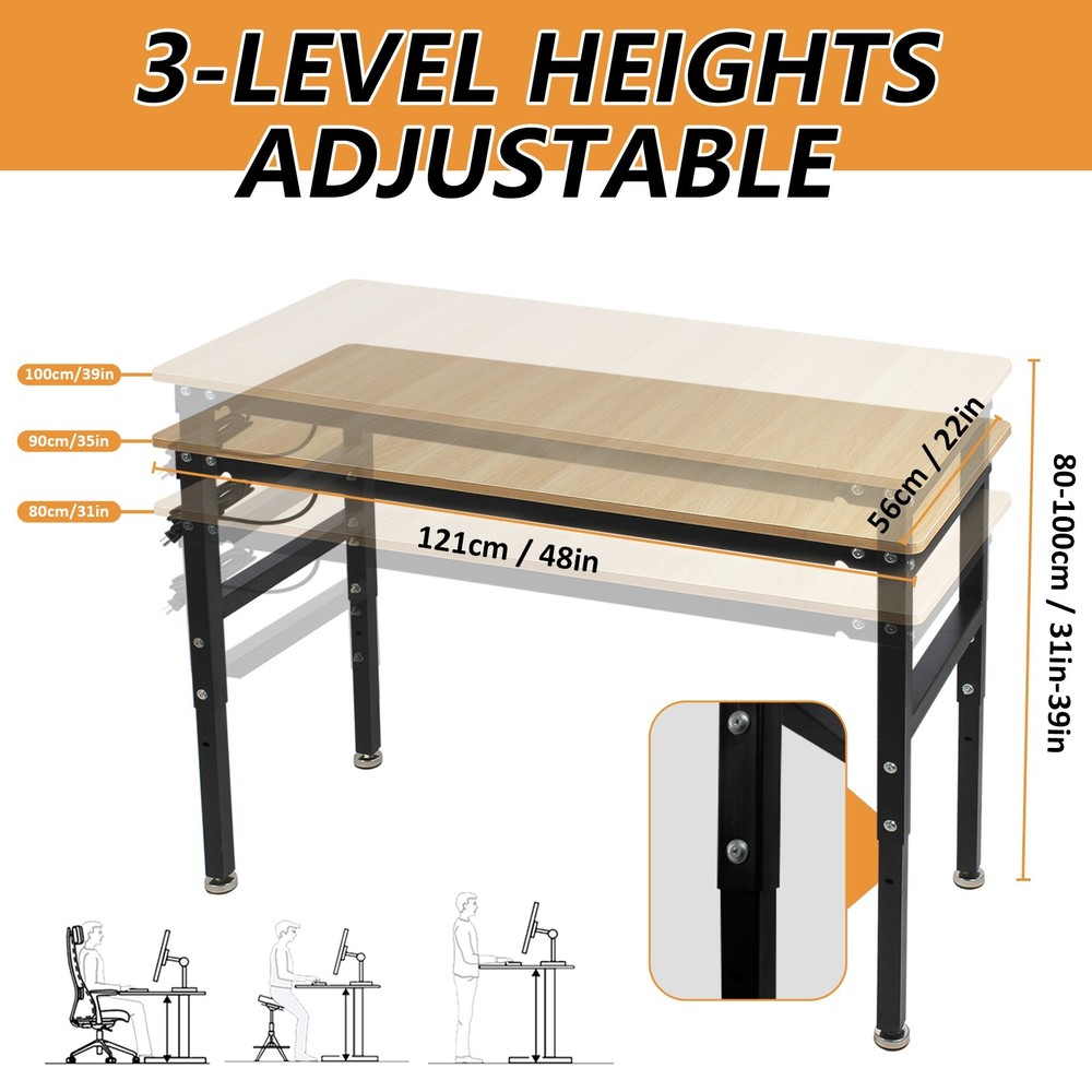 48''/60'' Adjustable Heigh Work bench with Power Outlet Hardwood Work Table