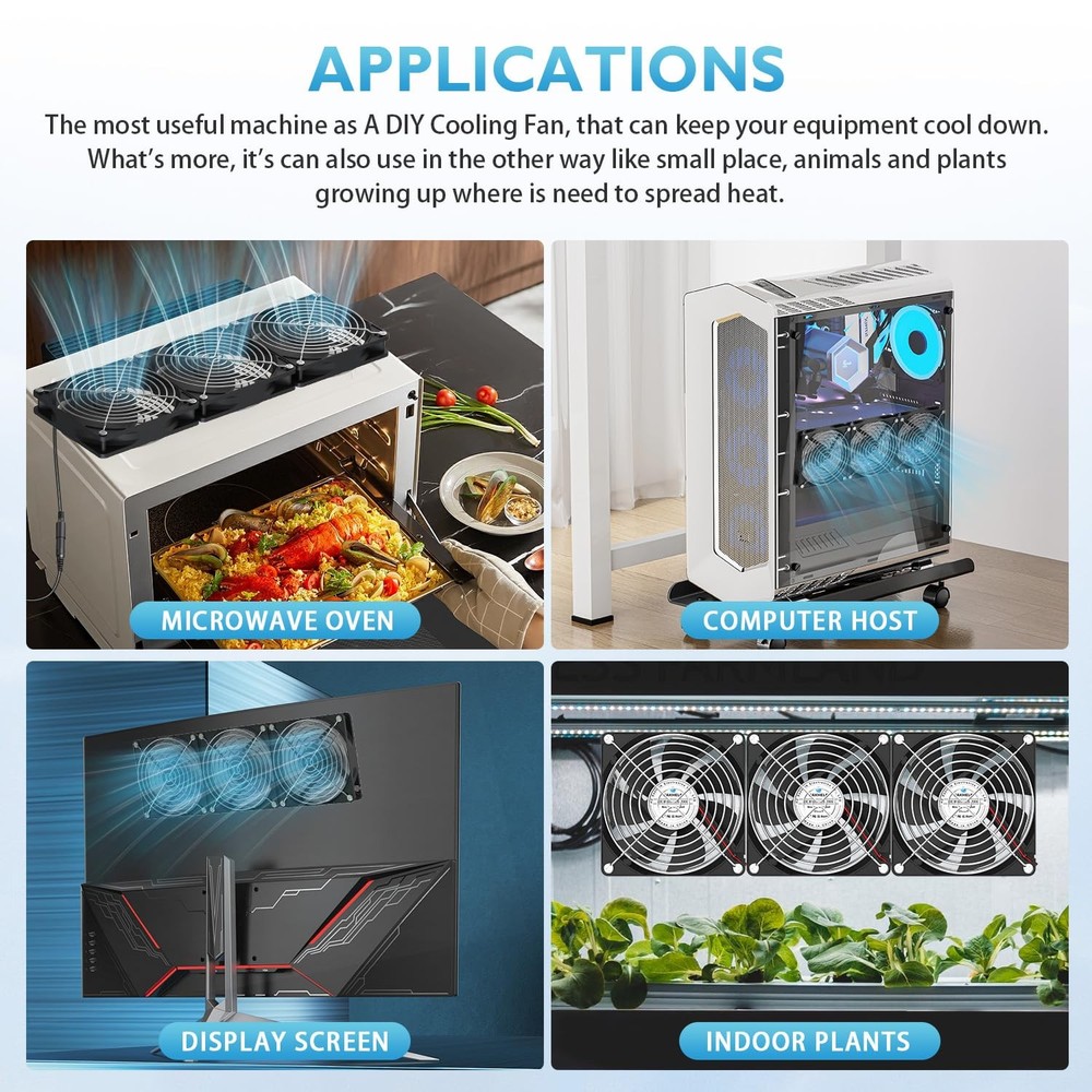 3X120mm Computer Fans with AC Plug & Speed Controller - 12V DC Cooling 3x120mm