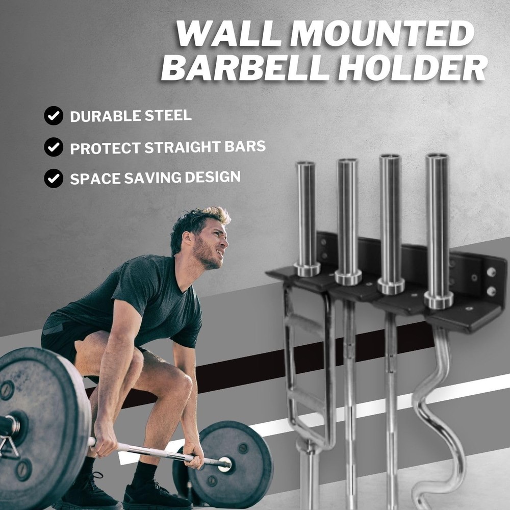 Vertical Wall-Mounted Barbell Holder - Secure Up to 4 Bars, 200lbs Capacity