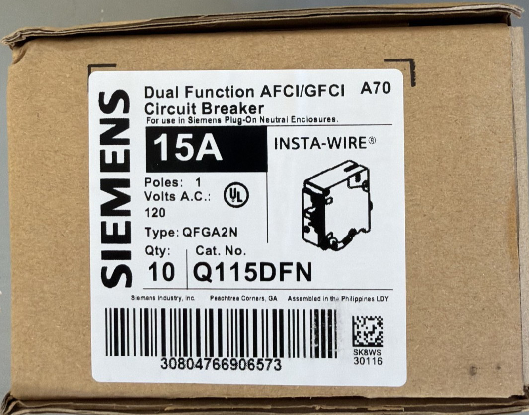 10 PCS Siemens Q115DFN 15A 120V AFCI/GFCI Dual Function Plug-In Circuit Breakers