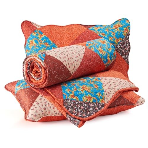 Quilt Bedding Set, 3 Piece Multicolour Patchwork Print Bedspreads Queen Orange