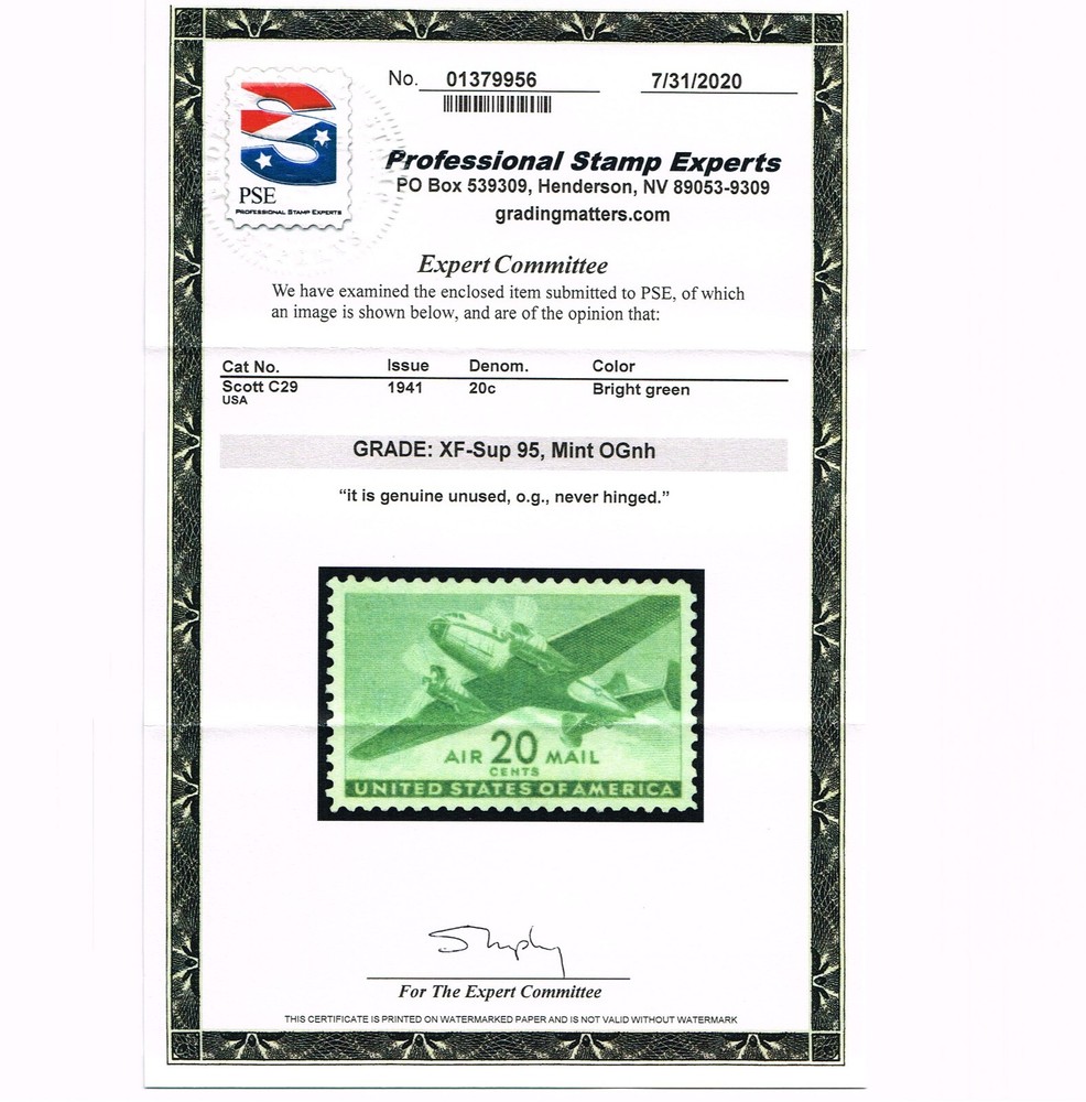 EXCEPTIONAL GENUINE SCOTT #C29 MINT PRISTINE OG NH PSE CERT GRADED XF-SUPERB-95