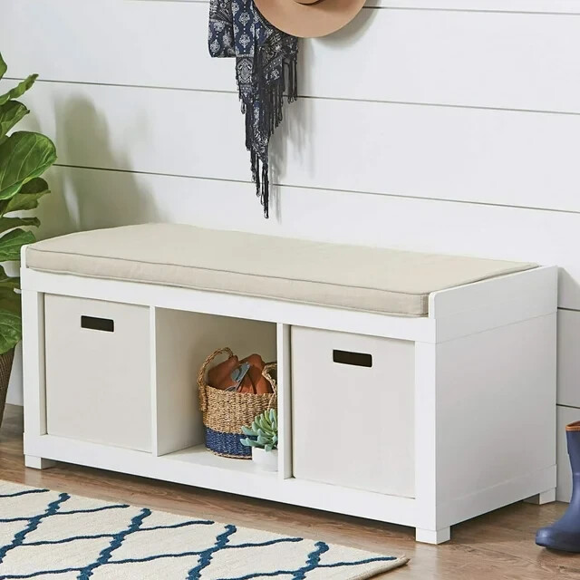 3-Cube Entryway Wood Storage Bench with Upholstered Sitting Cushion, White
