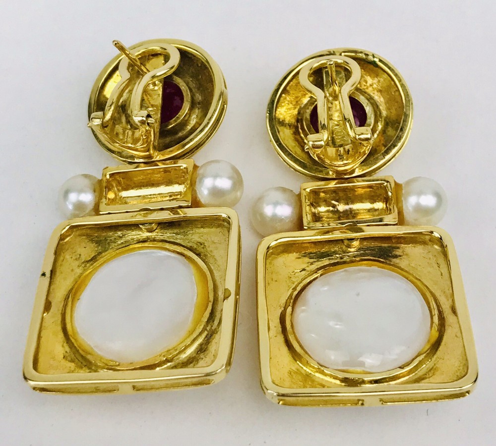 Art Deco 18k Solid Yellow Gold Mabe Pearl & Ruby Drop Dangle Omega Back Earrings
