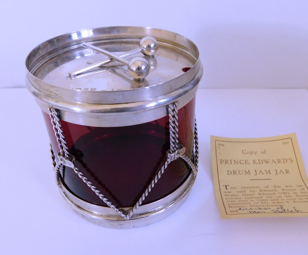 Antique R. BLACKINTON Sterling Silver & Ruby Glass Prince Edward Drum Jam Jar