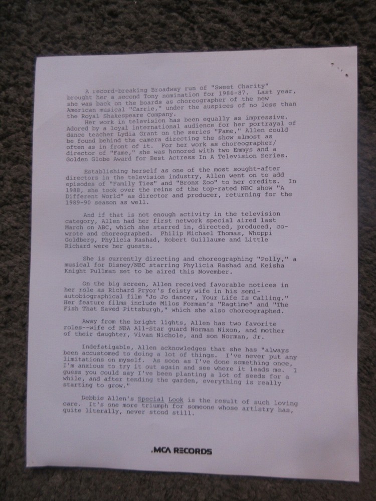 DEBBIE ALLEN (ACTOR/CHOREOGRAPHER) "SPECIAL LOOK" 1989 MCA PRESS KIT W/PHOTO