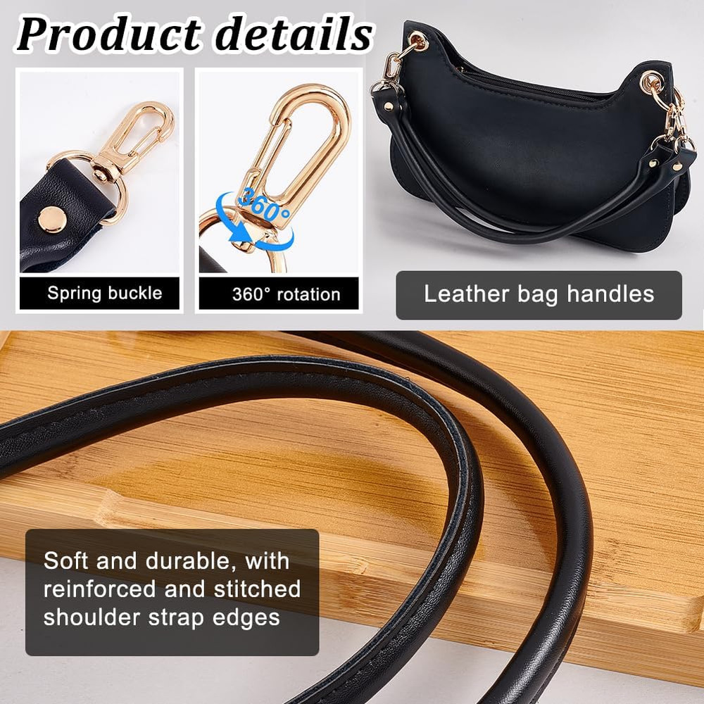 2Pcs Black Leather Purse Handle 15.7" Purses Straps Bag Replacement Strap round