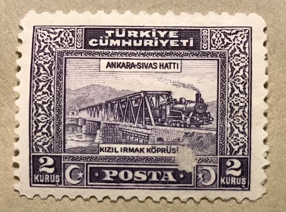 Turkey Two Kurus train over bridge stamp 1930 MLH TK
