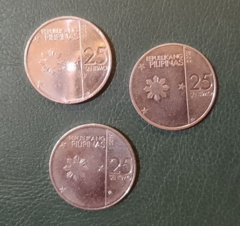 PHILIPPINES 25 SENTIMO COIN x 3 - All Different Years - BSP - Circulated