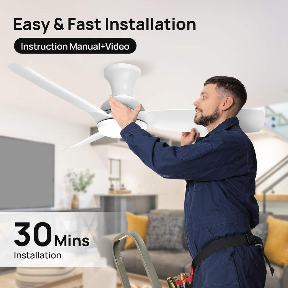 Ceiling Fan, 44 Inch Ceiling Fan with Lights Remote Control, White Low Profile M