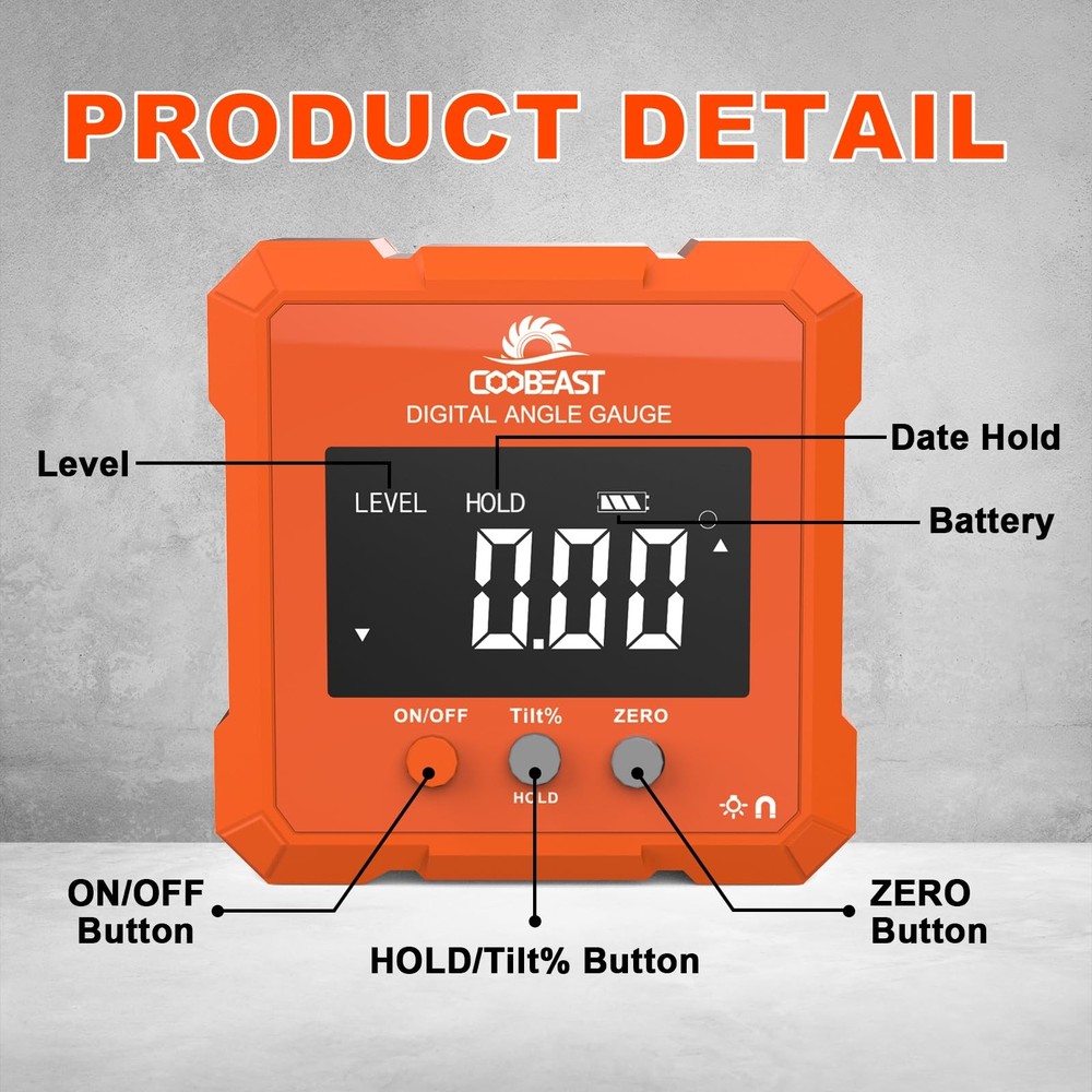 Digital Angle Finder, Level Gauge with Backlight & Orange