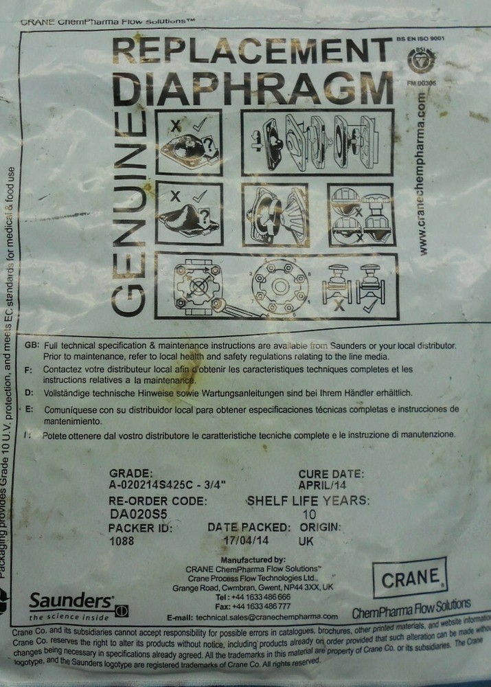 CRANE DA020S5 3/4" GENUINE REPLACEMENT DIAPHRAGM