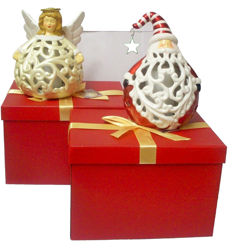 X-Mas Angel /Santa Flameless Candle Ceramic Luminaries with Timer in Gift Boxes