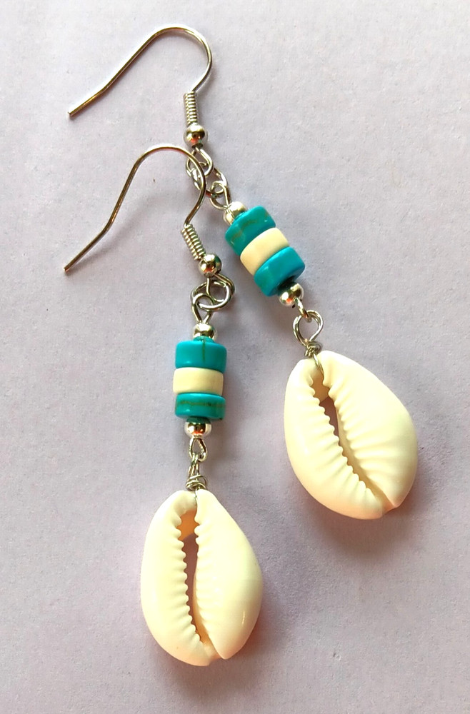 Blue Howlite COWRIE SHELL dangle earring SP Fish hook handcrafted #ACTA
