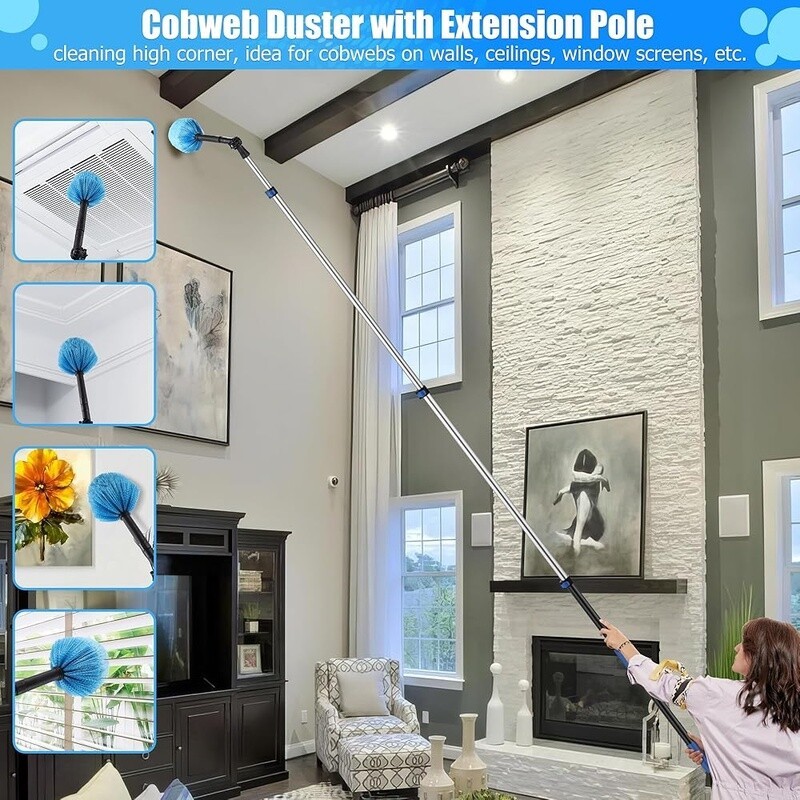 Telescopic Duster Kit 20ft High Reach Cleaning Pole Cobweb Microfiber Fan Brush
