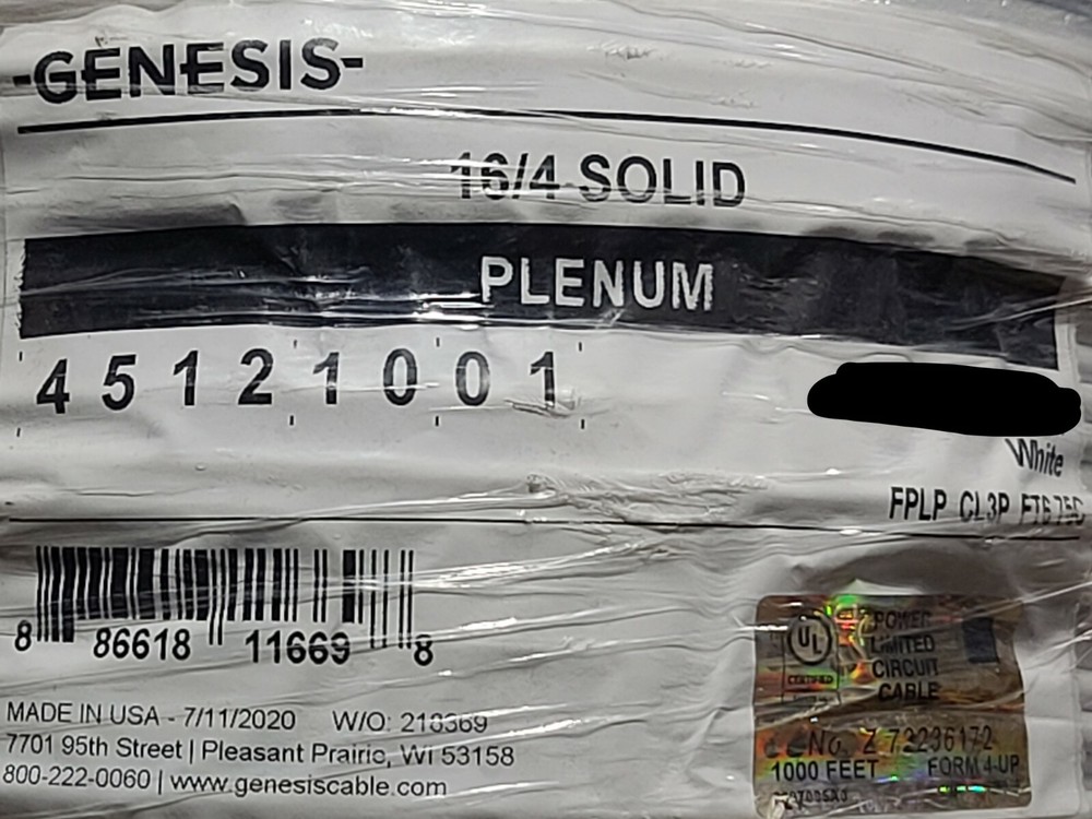 Honeywell Genesis Cable 4512 16/4C Solid Plenum Fire Alarm FPLP White /100ft