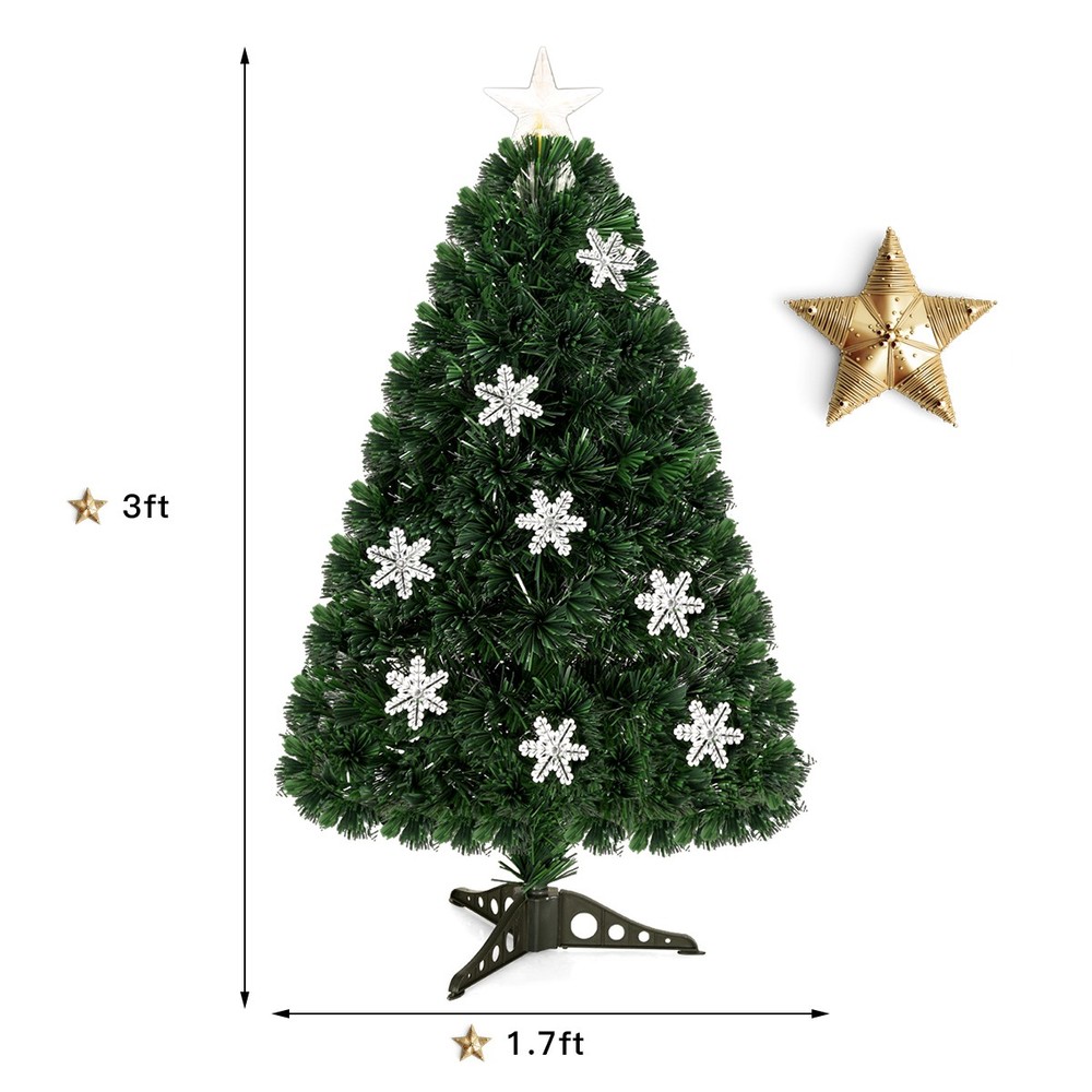 3FT Pre-Lit Fiber Optic Artificial Christmas Tree w/Multicolor Lights Snowflakes