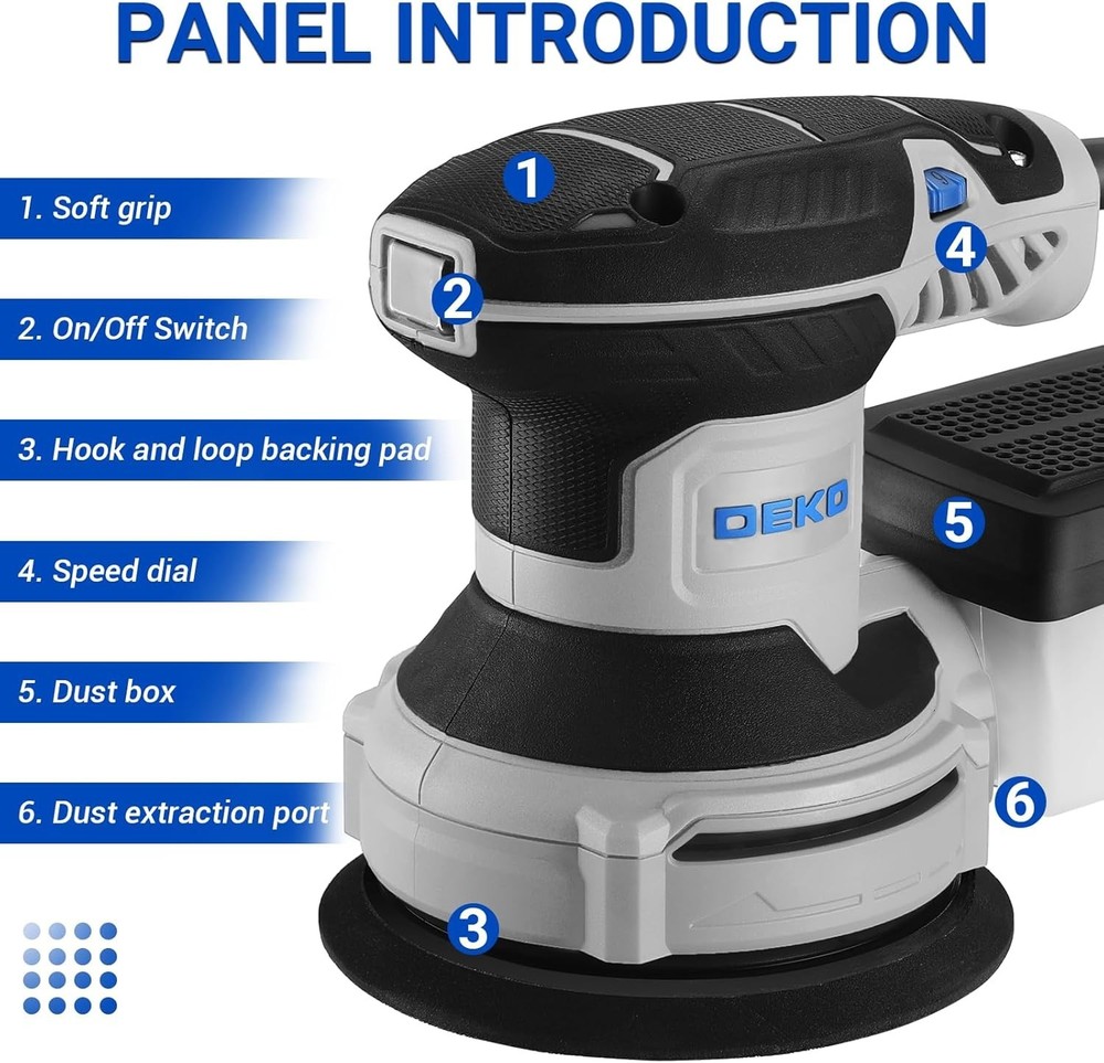 5” Electric Orbital Sander: 6 Variable Speeds & Enhanced Dust Collection System