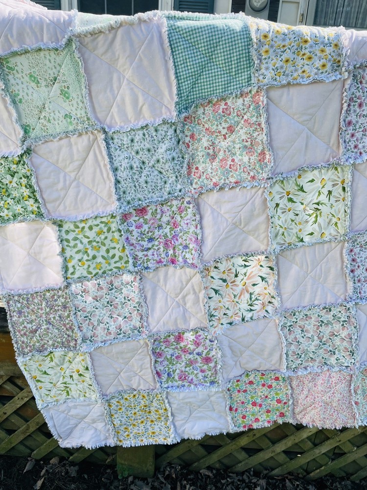 New Throw Size Rag Quilt Handmade Spring Floral Lightweight Cottons