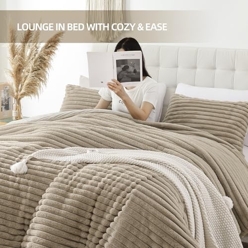 Fluffy Full Size Comforter Sets 3 Pieces - Linen Fleece Fluffy Comforter Set,