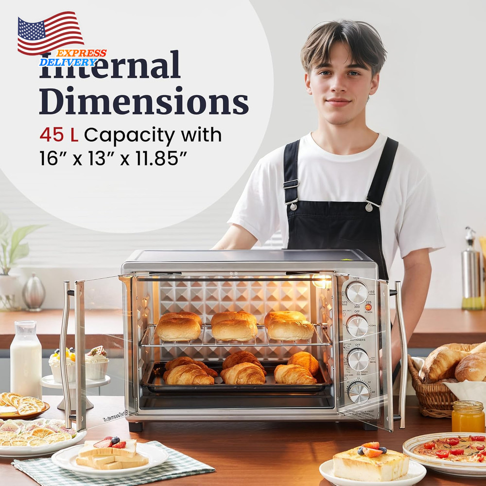 45L Countertop Convection Toaster Oven Adjustable Temperature & Timer Rack NEW