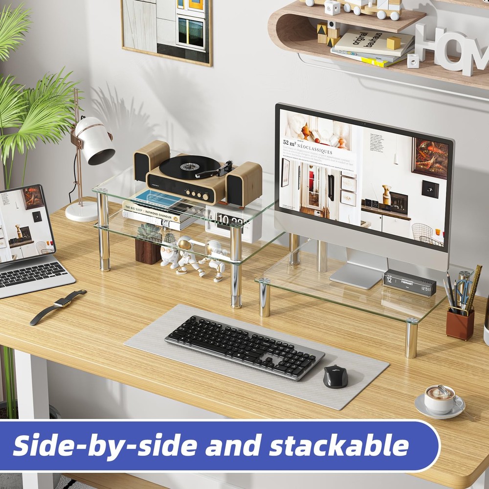 2 Pack Computer Monitor Riser Height Adjustable Tempered Glass Desktop Stand