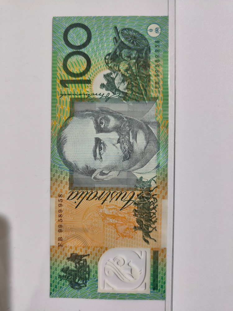 Australian $100 Dollar banknote Repeat Number FB99589958 in UNC