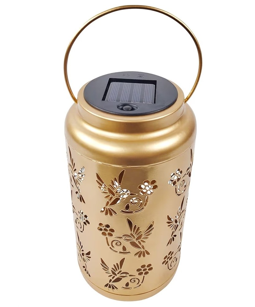 Bliss Medium Solar Lantern Set Gold Hummingbird Pattern LED Waterproof